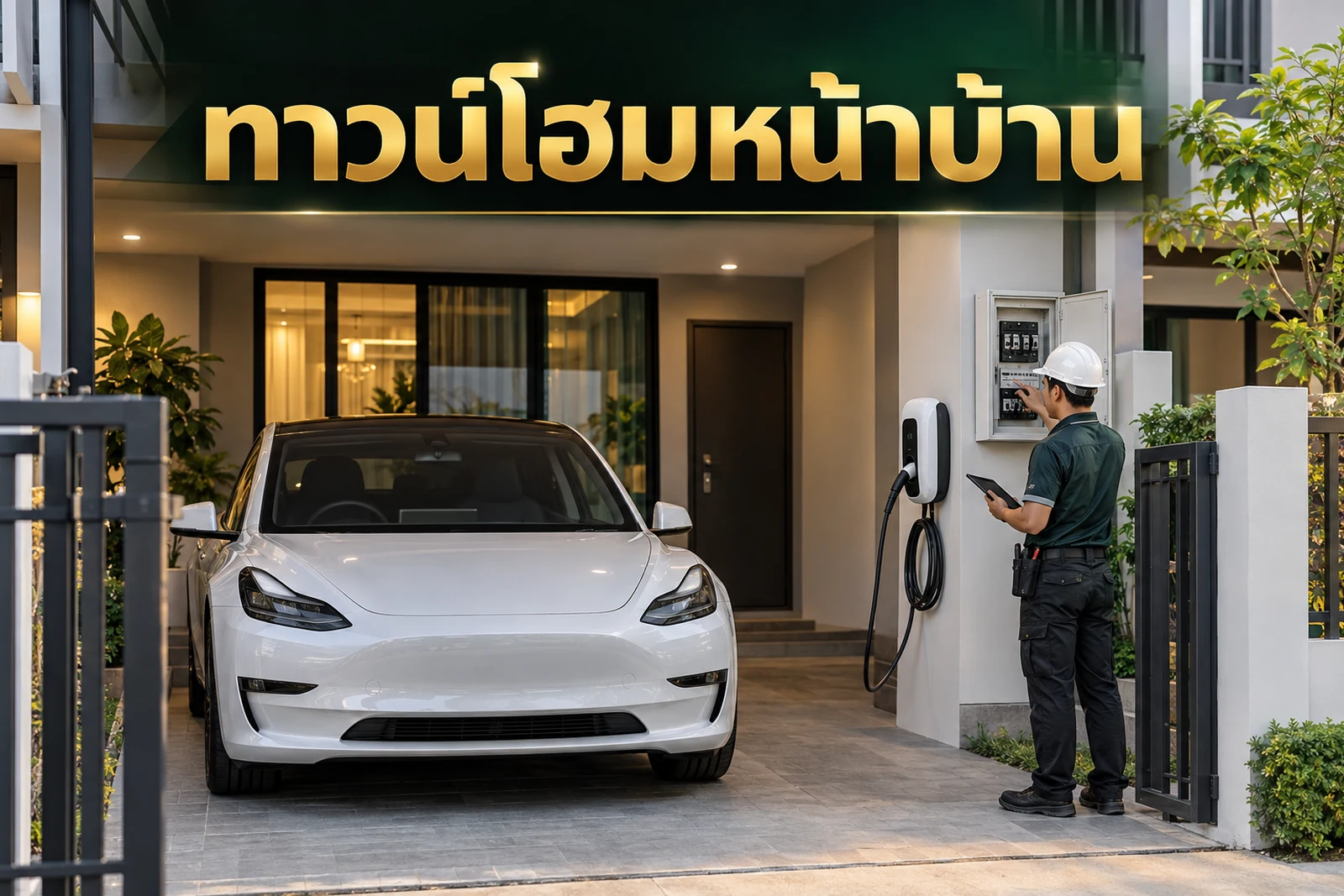ภาพปกบทความ GED เรื่อง บ้านทาวน์โฮมที่จอดรถหน้าบ้าน ติด Home Charger ต้องดูอะไร