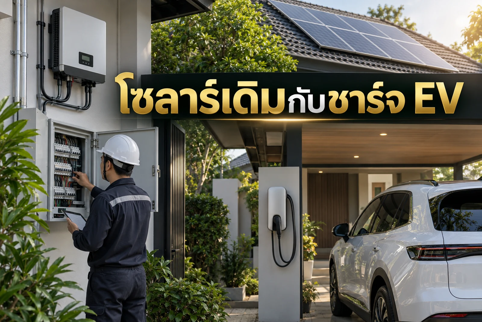 ภาพปกบทความ GED เรื่อง บ้านมีระบบโซลาร์เดิม ก่อนติด Home Charger ต้องเช็กอะไร