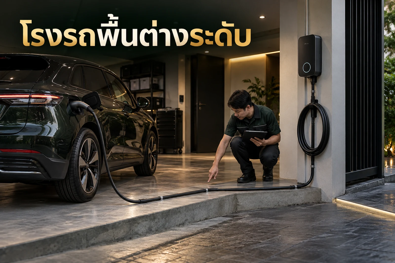 ภาพปกบทความ GED เรื่อง เคสหน้างาน โรงรถพื้นต่างระดับกับสาย Home Charger แก้อย่างไร