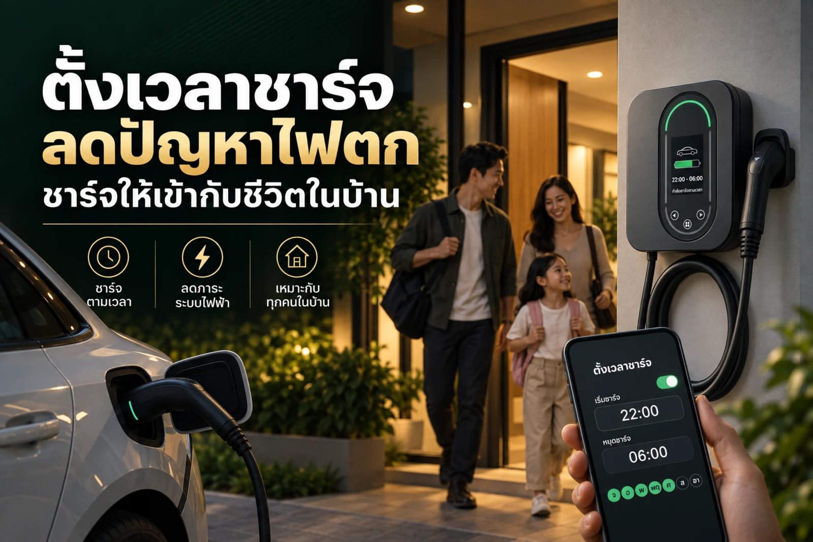ภาพประกอบบทความ ตั้งเวลาชาร์จรถ EV ที่บ้าน ลดปัญหาไฟตกได้ไหม