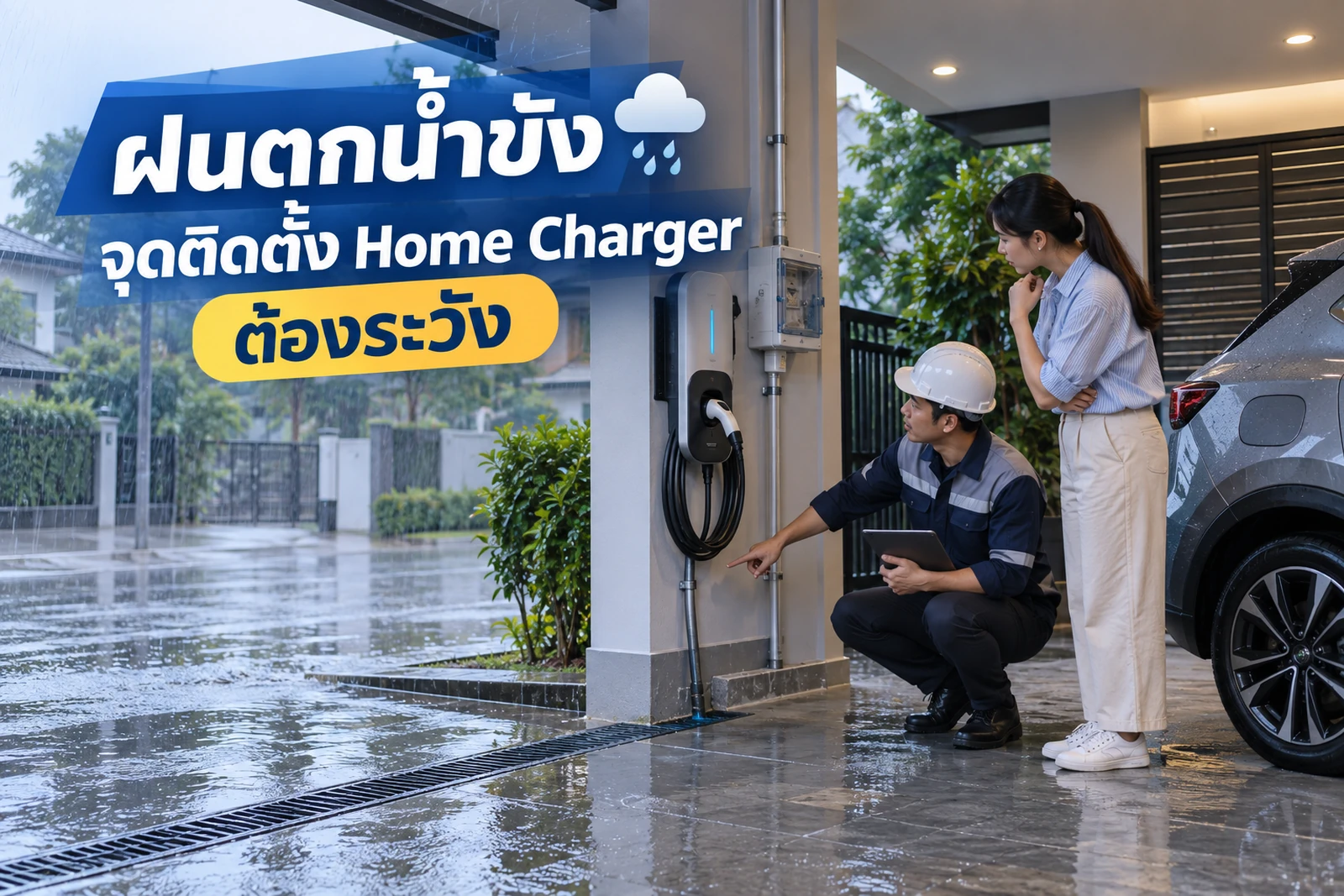 ภาพประกอบบทความ ฝนตกน้ำขัง จุดติดตั้ง Home Charger ต้องระวังอะไร
