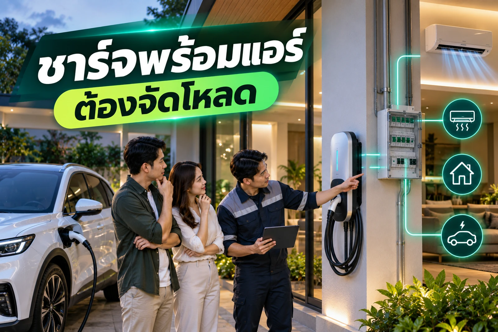 ภาพประกอบบทความ ชาร์จ EV พร้อมแอร์หลายตัว จัดโหลดบ้านอย่างไรให้ปลอดภัย