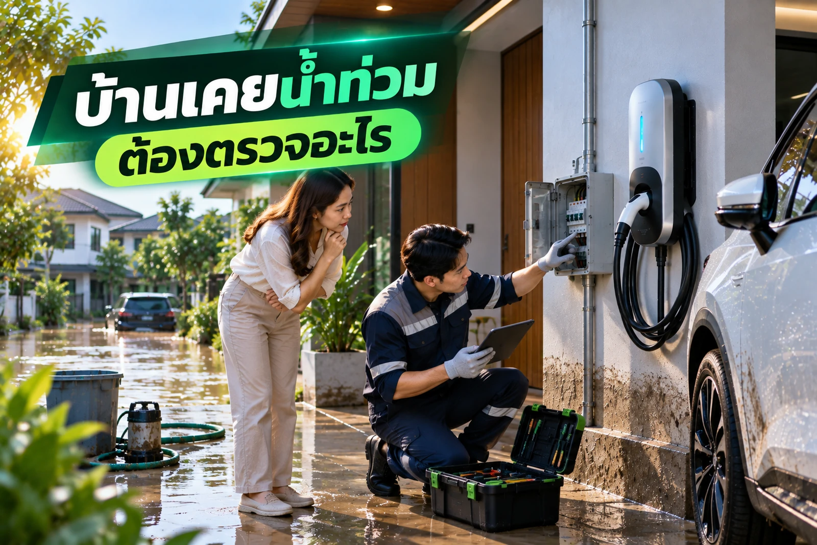 ภาพประกอบบทความ บ้านเคยน้ำท่วม ติด Home Charger ต้องตรวจอะไรเป็นพิเศษ