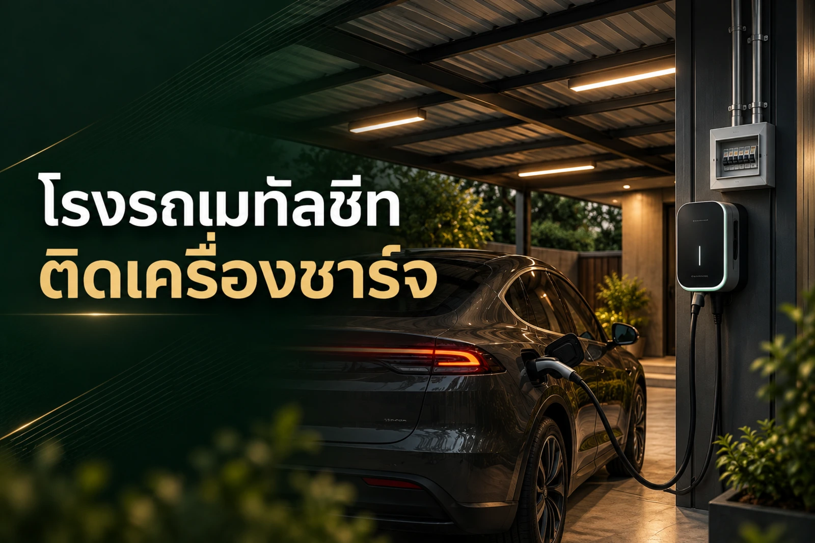 ภาพประกอบบทความ โรงรถหลังคาเมทัลชีท ติด Home Charger ต้องเดินสายอย่างไร