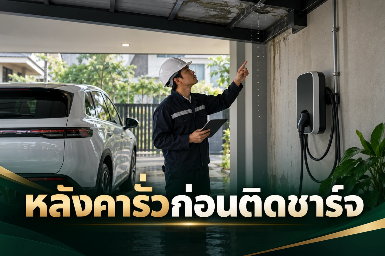 ภาพปกบทความ GED เรื่อง โรงรถมีน้ำรั่ว ก่อนติด Home Charger ต้องแก้อะไรก่อน