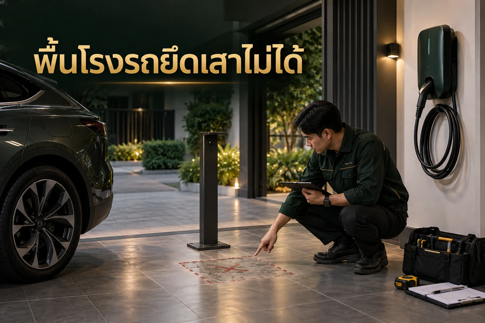 ภาพปกบทความ GED เรื่อง เคสหน้างาน พื้นโรงรถไม่พร้อมยึดเสา Home Charger ทำอย่างไร