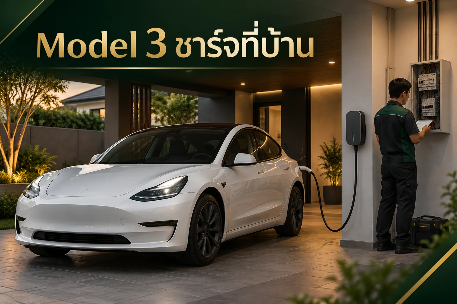 ภาพปกบทความ GED เรื่อง Tesla Model 3 ใช้ Home Charger ที่บ้านต้องดูอะไร