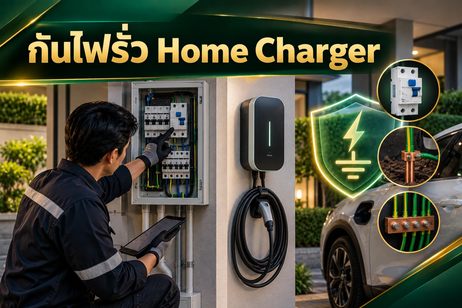 ภาพปกบทความ GED เรื่อง อุปกรณ์กันไฟรั่วสำหรับ Home Charger เลือกผิดเสี่ยงอะไร